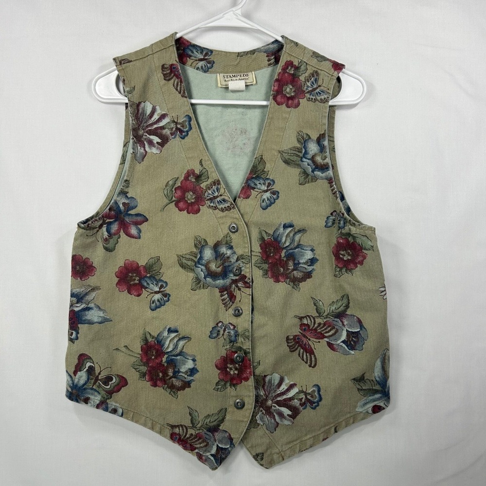 Stampede Floral & Butterfly Cotton Vest Vintage Western V-Neck Waistcoast S